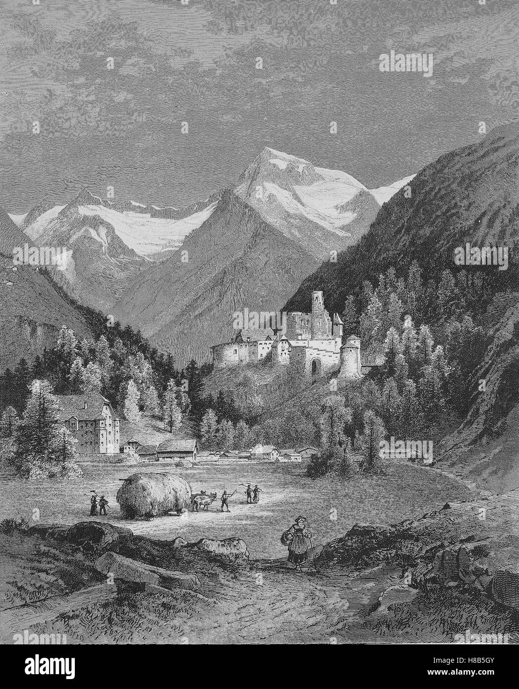 Castillo de Reichenberg Muenstertal Taufers im en el Tirol del Sur, en el norte de Italia, Xilografía de 1892 Foto de stock