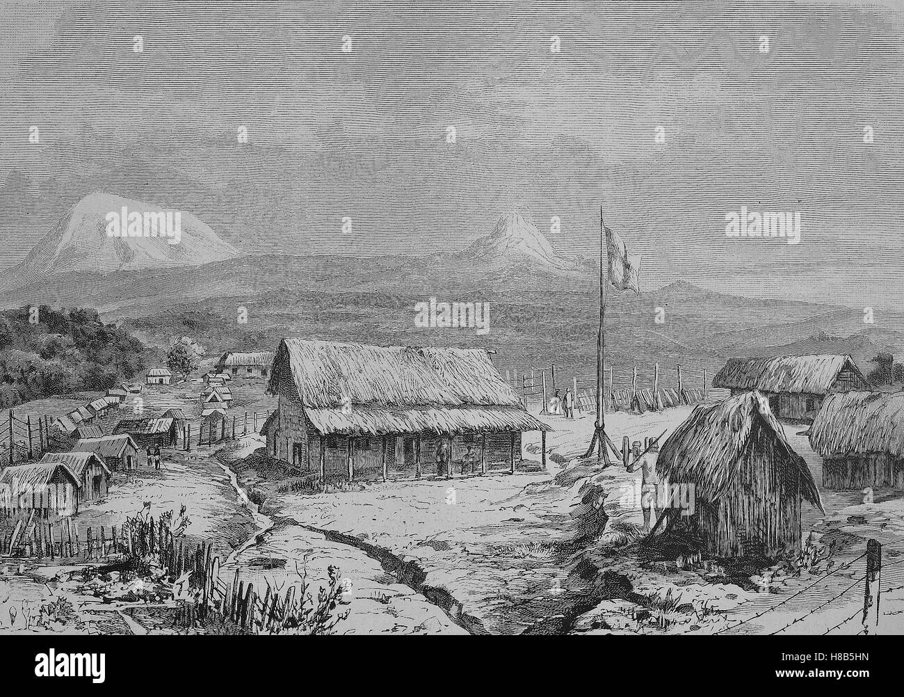 La estación de Kilimanjaro creada por el Dr. Karl Peters, Xilografía de 1892 Foto de stock