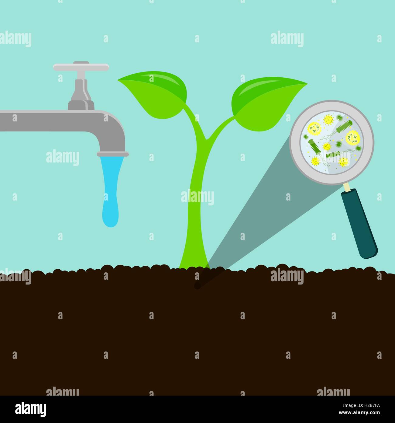 Agua del grifo y regando el suelo. Aumento de plantas de la tierra. Los microorganismos, virus y bacterias en la tierra Ilustración del Vector