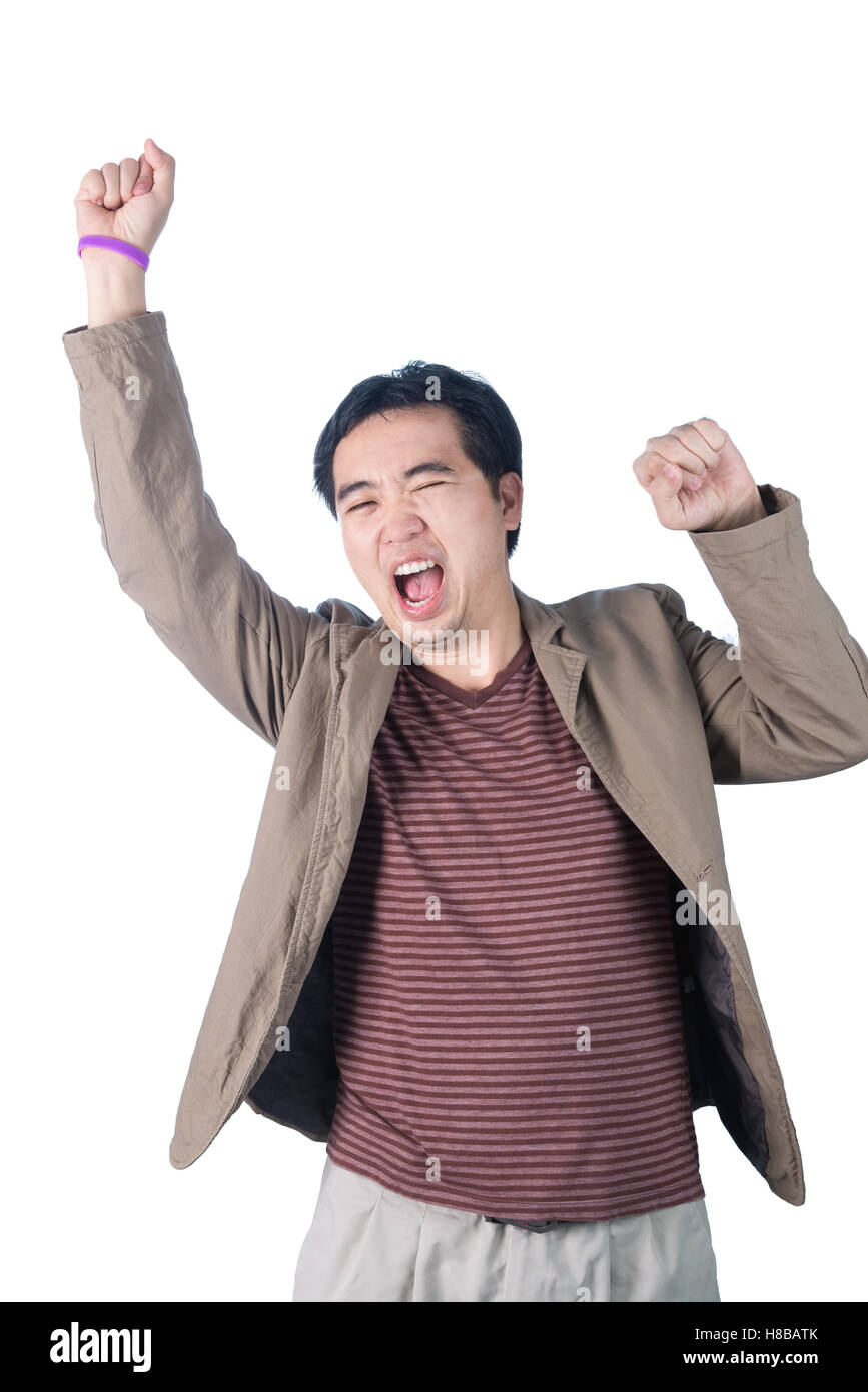 Feliz y exitoso empresario atractivo regocijo elevando su rostro al