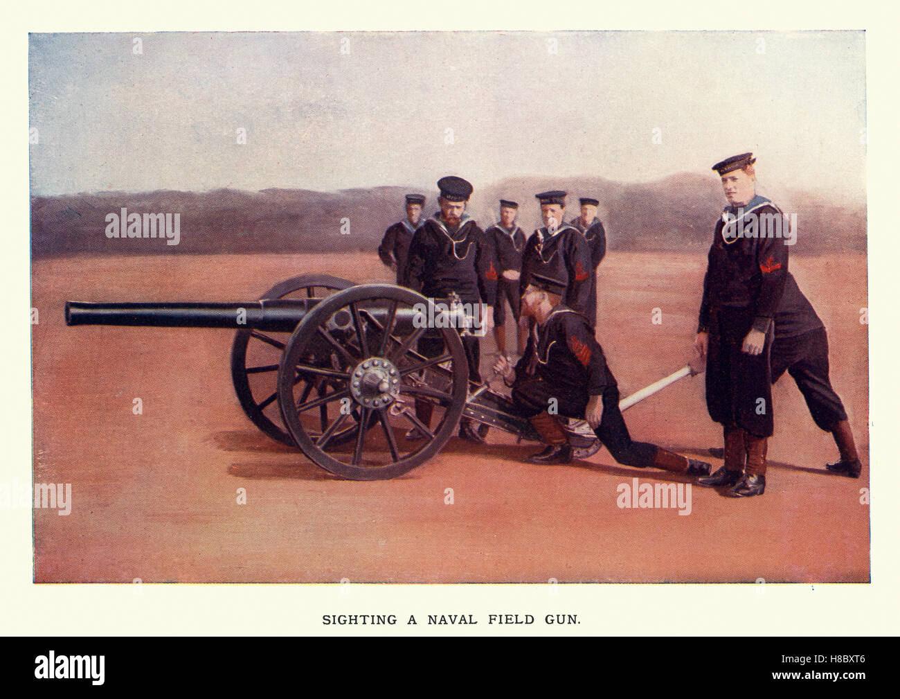 Vintage grabado de British Royal Navy Sailor manning un campo de arma de fuego, durante la segunda guerra de los bóers.1900 Foto de stock