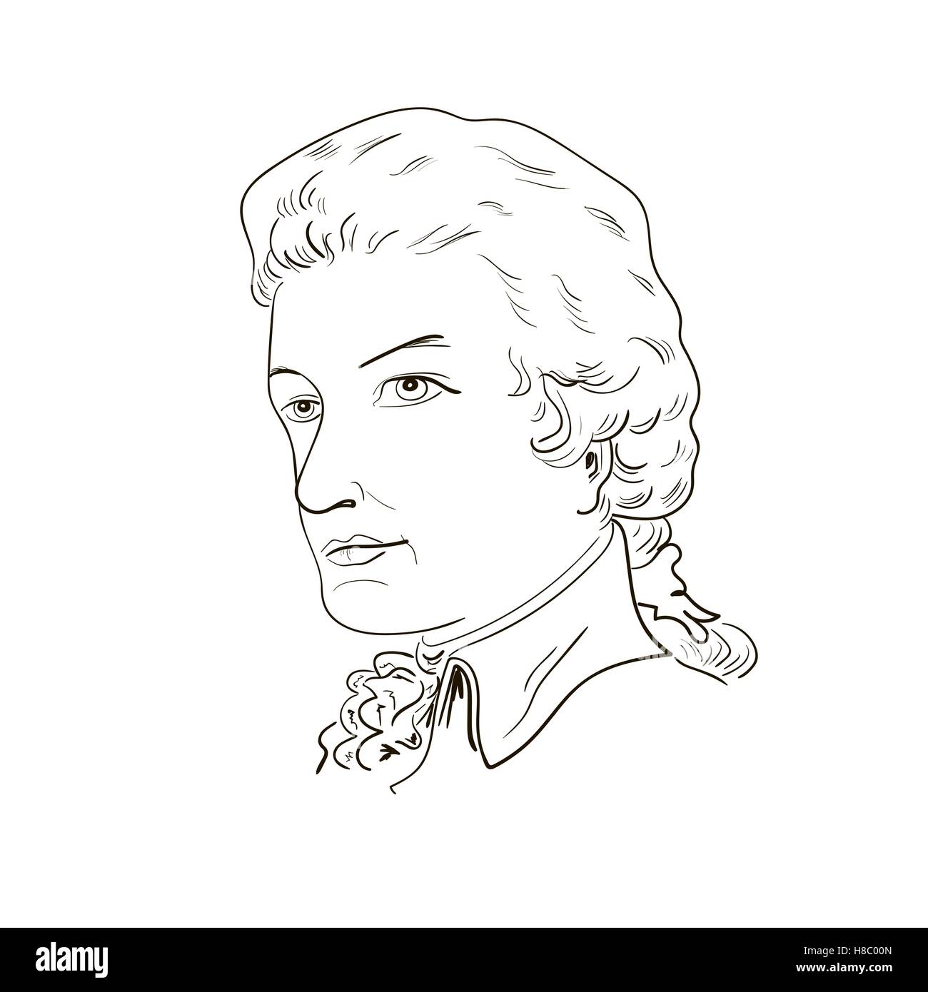 Wolfgang Amadeus Mozart. Boceto de retrato en blanco y negro. Ilustración vectorial. Ilustración del Vector