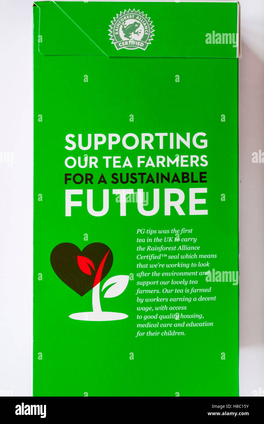 Apoyando a nuestros agricultores de té para un futuro sostenible -  información sobre PG Tips teabags caja con logo de Rainforest Alliance  Certified Fotografía de stock - Alamy