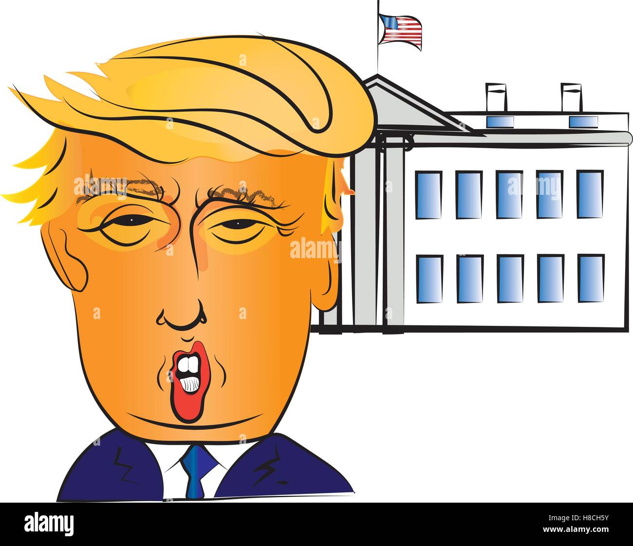 El retrato del personaje de Donald Trump, el 45º presidente de los Estados Unidos, con el edificio de la Casa Blanca en segundo plano. Ilustración del Vector