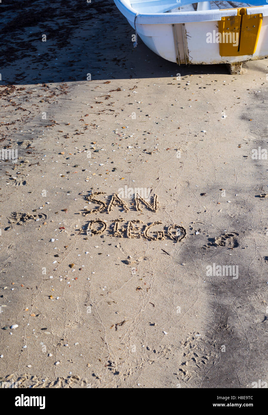 La palabra "Diego" escrito en la arena. San Diego, California, USA. Foto de stock