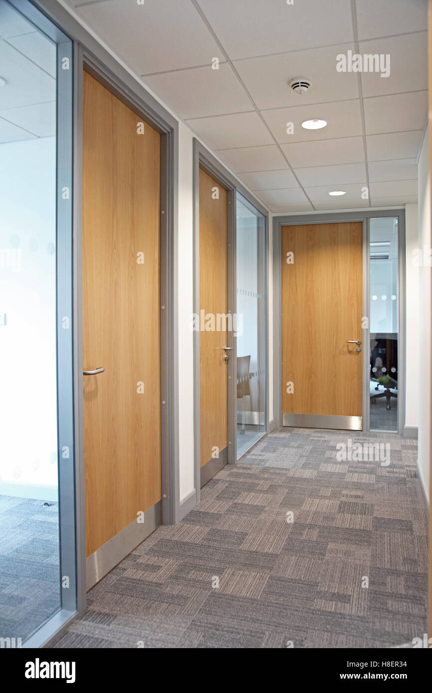 Corredor en un moderno edificio de oficinas mostrando paredes acristaladas, alfombras grises y madera puertas cortafuego Foto de stock