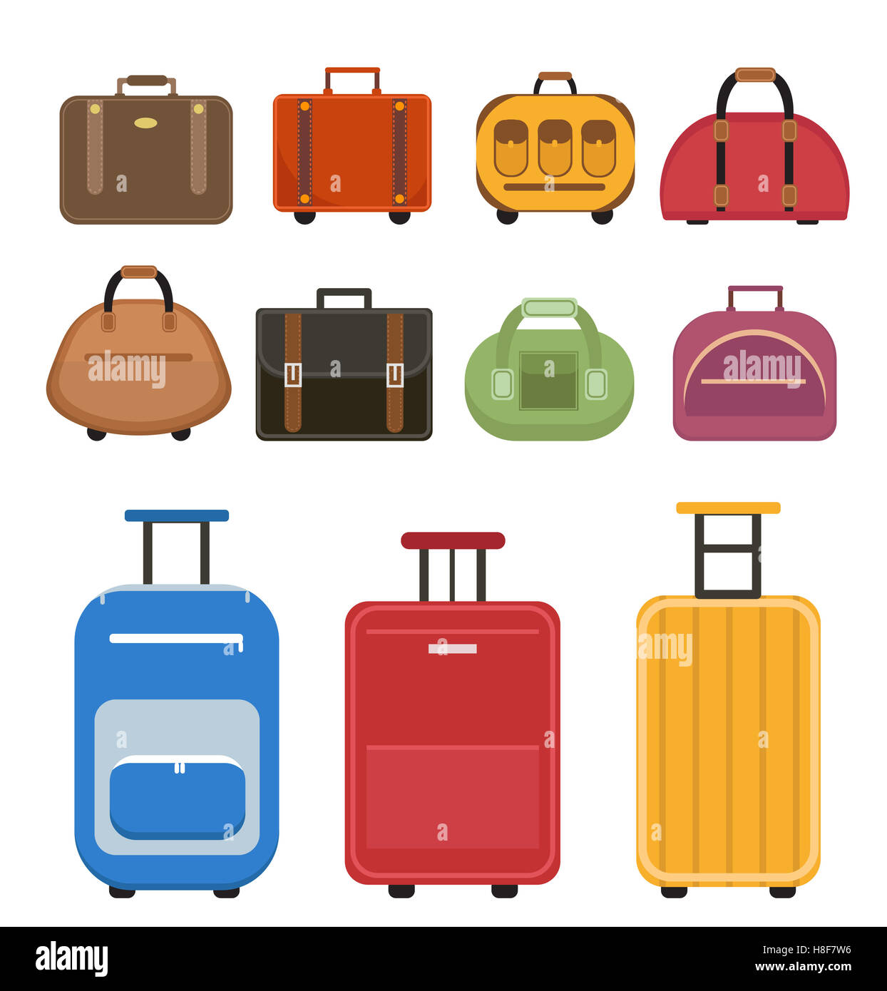 Las bolsas de viaje, tipo plano de conjunto de iconos. Equipaje bolsas de  viaje conjunto aislado sobre un fondo blanco. Establezca las maletas.  Colección diferentes ba Fotografía de stock - Alamy