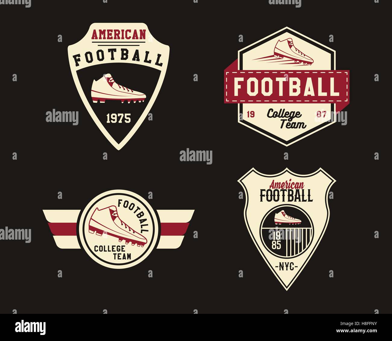 Insignia de fútbol americano con los tacos, el deporte, la etiqueta del  logotipo, insignia en estilo retro de color. Gráfico diseño vintage para  t-shirt, web. Impresión colorida aislado sobre un fondo oscuro.