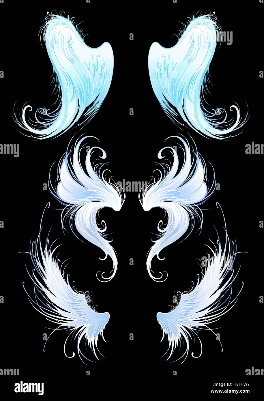 Artísticamente, pintado de color azul brillante, las alas de los ángeles sobre un fondo negro. Ilustración del Vector