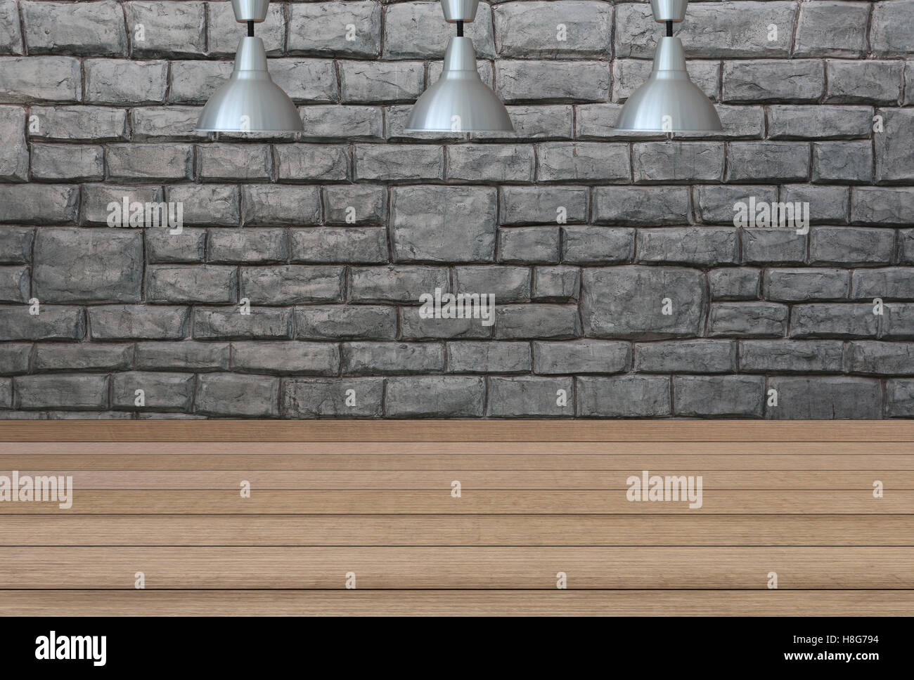 Lámparas de plata en el techo y un telón de fondo de una pared de ladrillo marrón con piso de madera, conceptos de diseño de interiores. Foto de stock