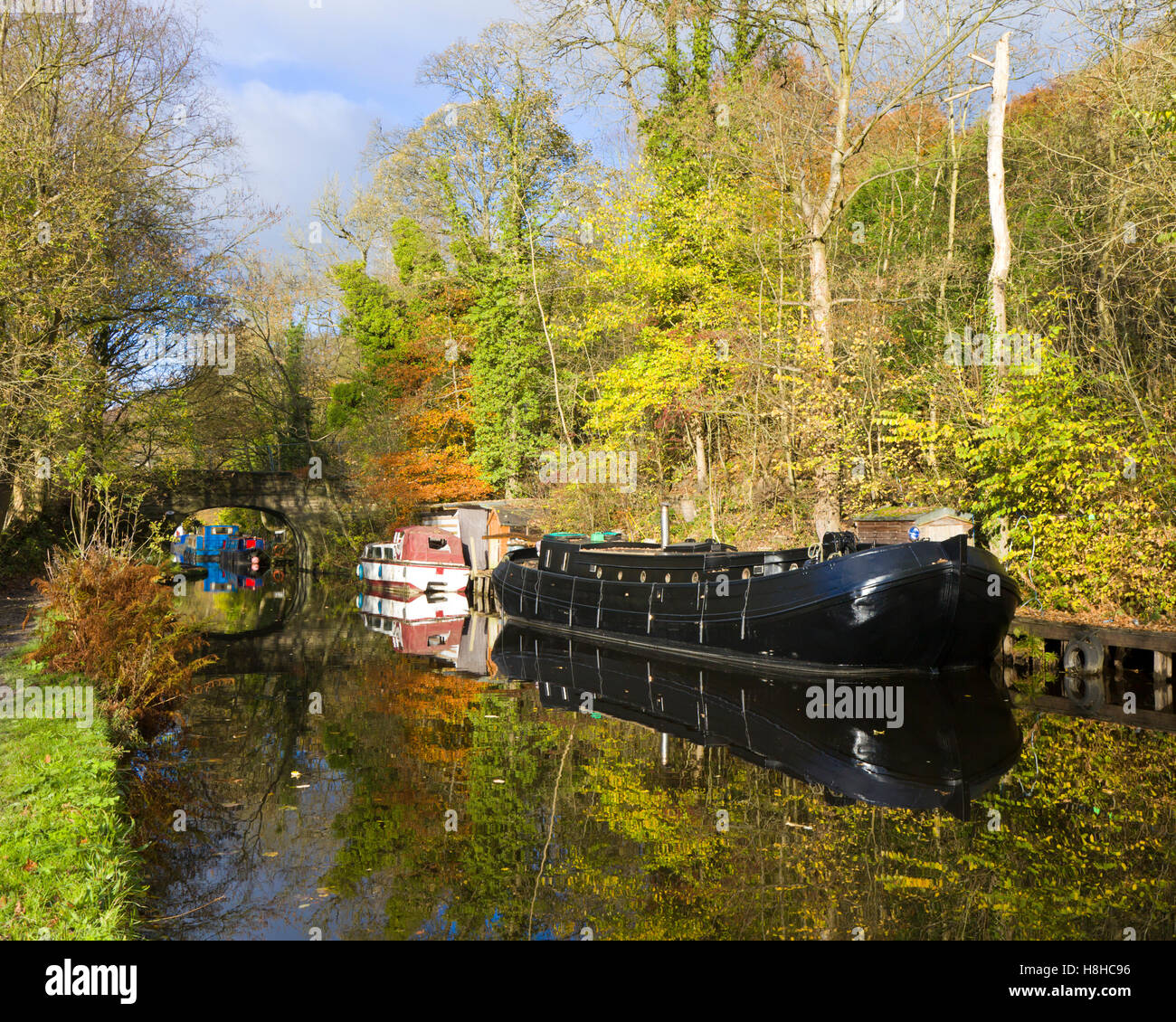 Las barcazas amarrados a lo largo del Canal Rochdale en otoño, cerca de Hebden Bridge West Yorkshire, Inglaterra Foto de stock