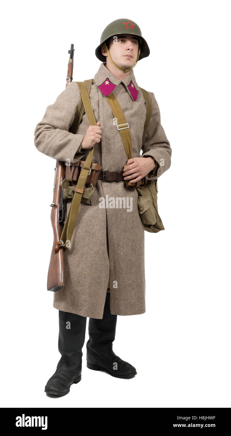 Joven soldado soviético con uniforme de invierno, la segunda guerra mundial;  aislados en el fondo blanco Fotografía de stock - Alamy