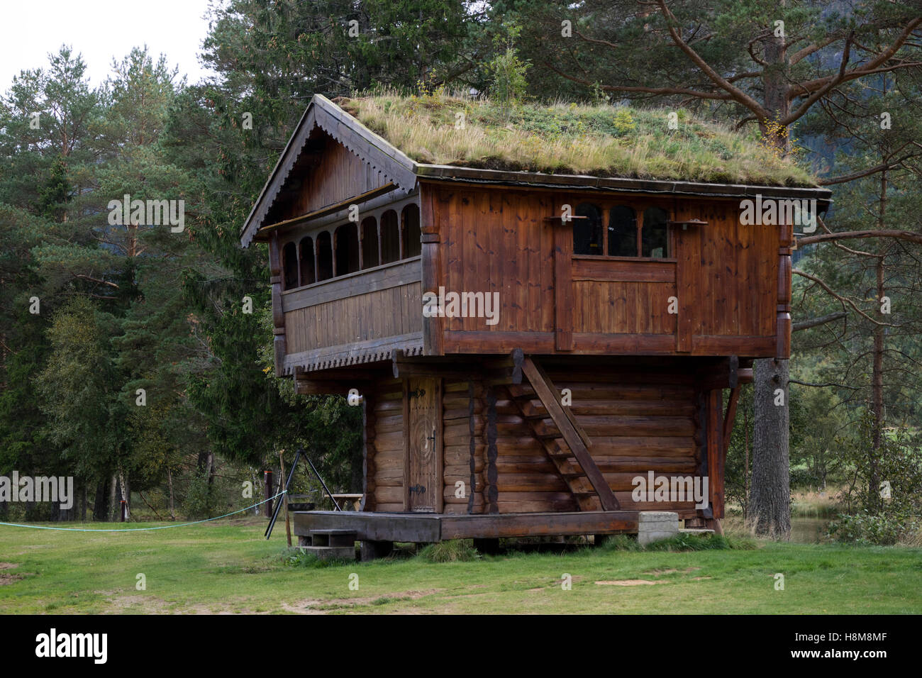 Galpón con techo de pasto, antigua casa de almacenamiento de alimentos en el Valle Setesdal, Noruega Foto de stock