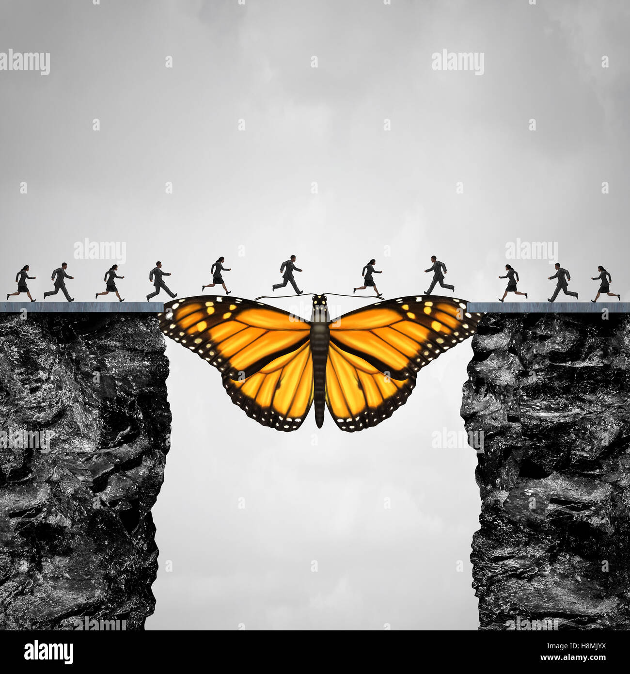 Oportunidad y el concepto de transición o la migración como una mariposa actuando como un puente entre dos acantilados para que la gente vaya a su viaje como un símbolo de esperanza y de fe con la ilustración 3D elementos. Foto de stock