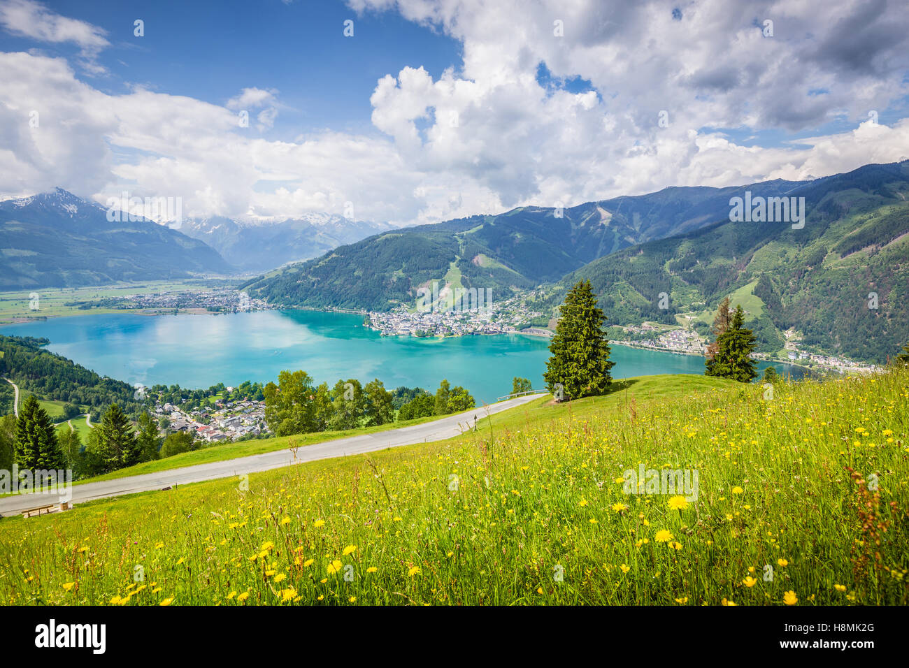 Hermosos paisajes de montaña en los Alpes con Clear Lake y praderas llenas de flores en verano, Zell am See, Austria Foto de stock