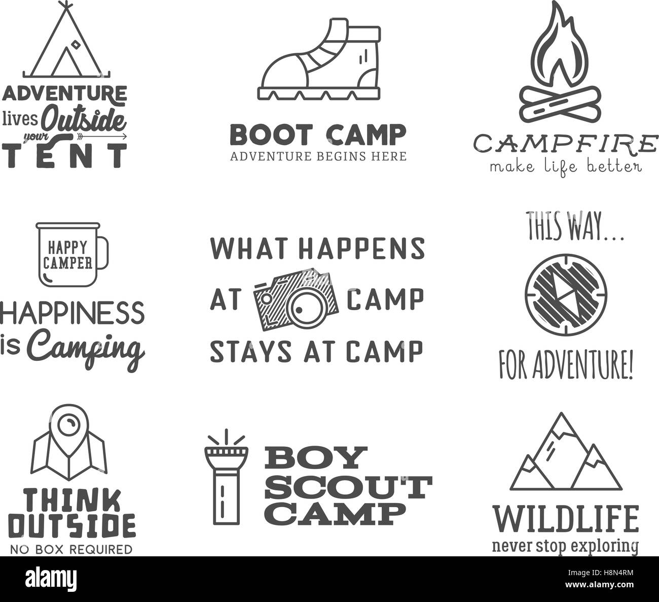 Aparecer anunciar Persistencia Camping diseño de logotipo con tipografía y elementos de viaje - fogata,  montaña, carpa. Con vector aventura refranes y signos. Sendero de trekking,  campismo símbolos. Agradable para impresiones, tee, ropa de diseño