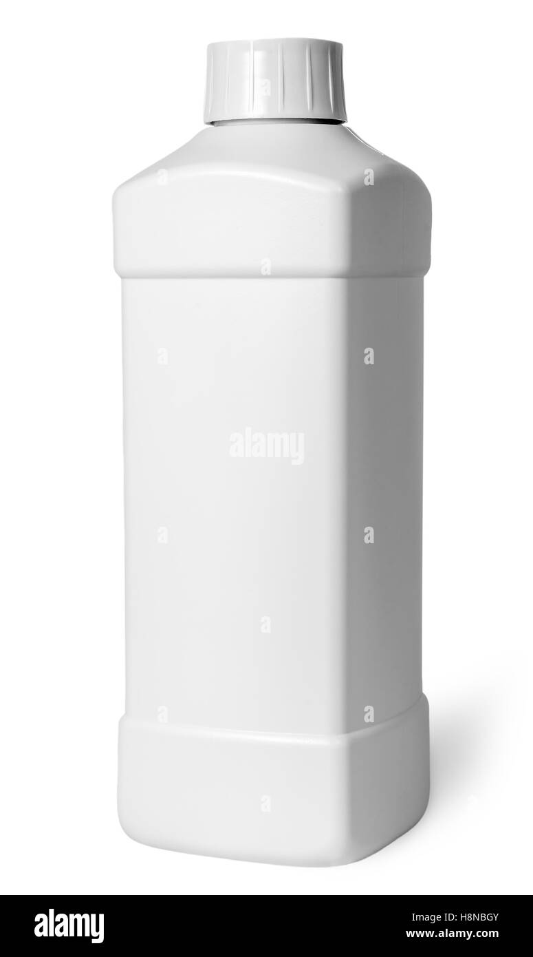 Botella de plástico blanco de detergente rotado aislado sobre fondo blanco. Foto de stock