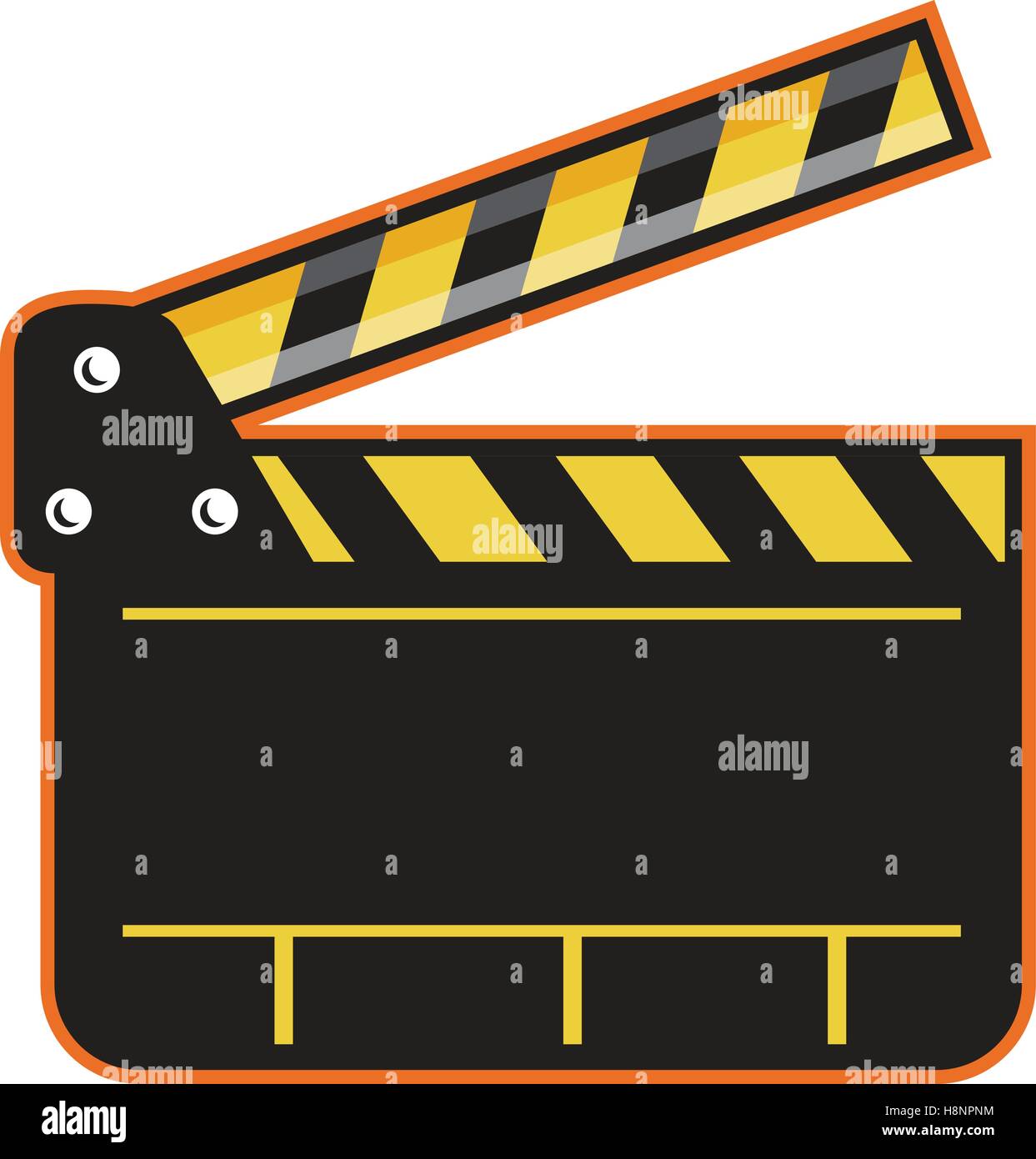 Ilustración de una cámara de cine abierto con forma de claqueta pizarra,  visto desde la parte delantera en fondo blanco aislado de este estilo retro  Imagen Vector de stock - Alamy