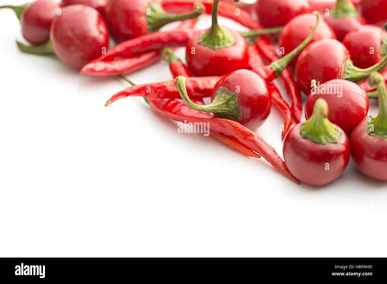Pimientos chili rojo aislado sobre fondo blanco. Foto de stock