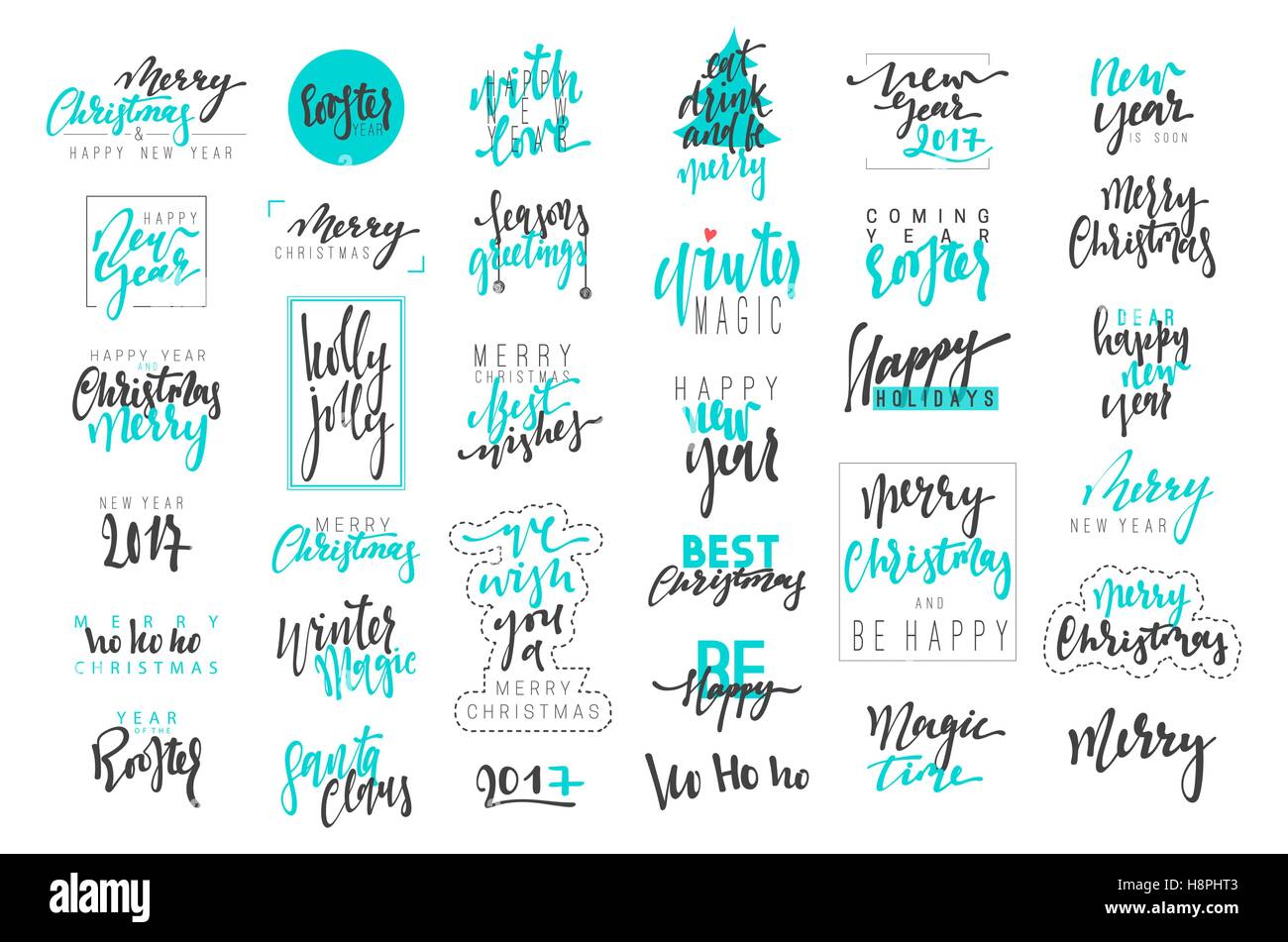 Feliz Navidad y Feliz Año Nuevo 2017 de lujo emblemas de caligrafía. Nuevas inscripciones azul vacaciones, vector logo, diseño de texto Ilustración del Vector