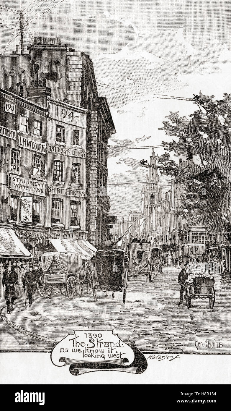 El Strand, la ciudad de Westminster, en el centro de Londres, Inglaterra, en 1890. Foto de stock