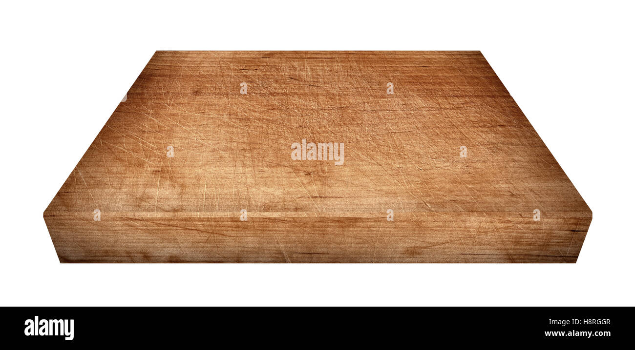 Plancha de madera marrón, mesa aislado sobre fondo blanco. Foto de stock