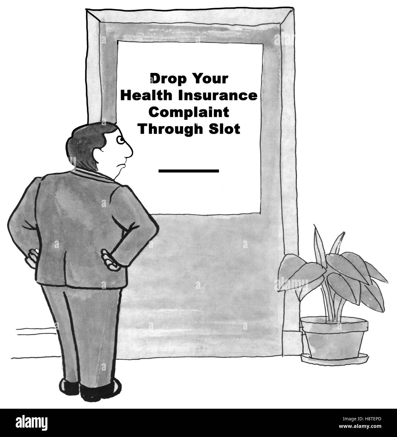 Ilustración en blanco y negro de su frustración con la compañía de seguro de salud. Foto de stock