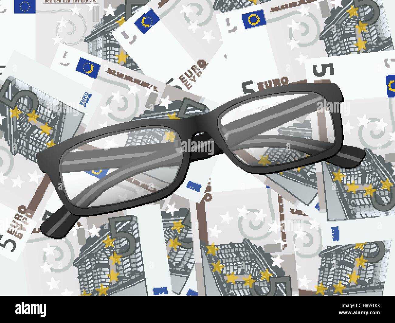 Gafas de lectura en cinco euros de fondo. Ilustración vectorial. Ilustración del Vector