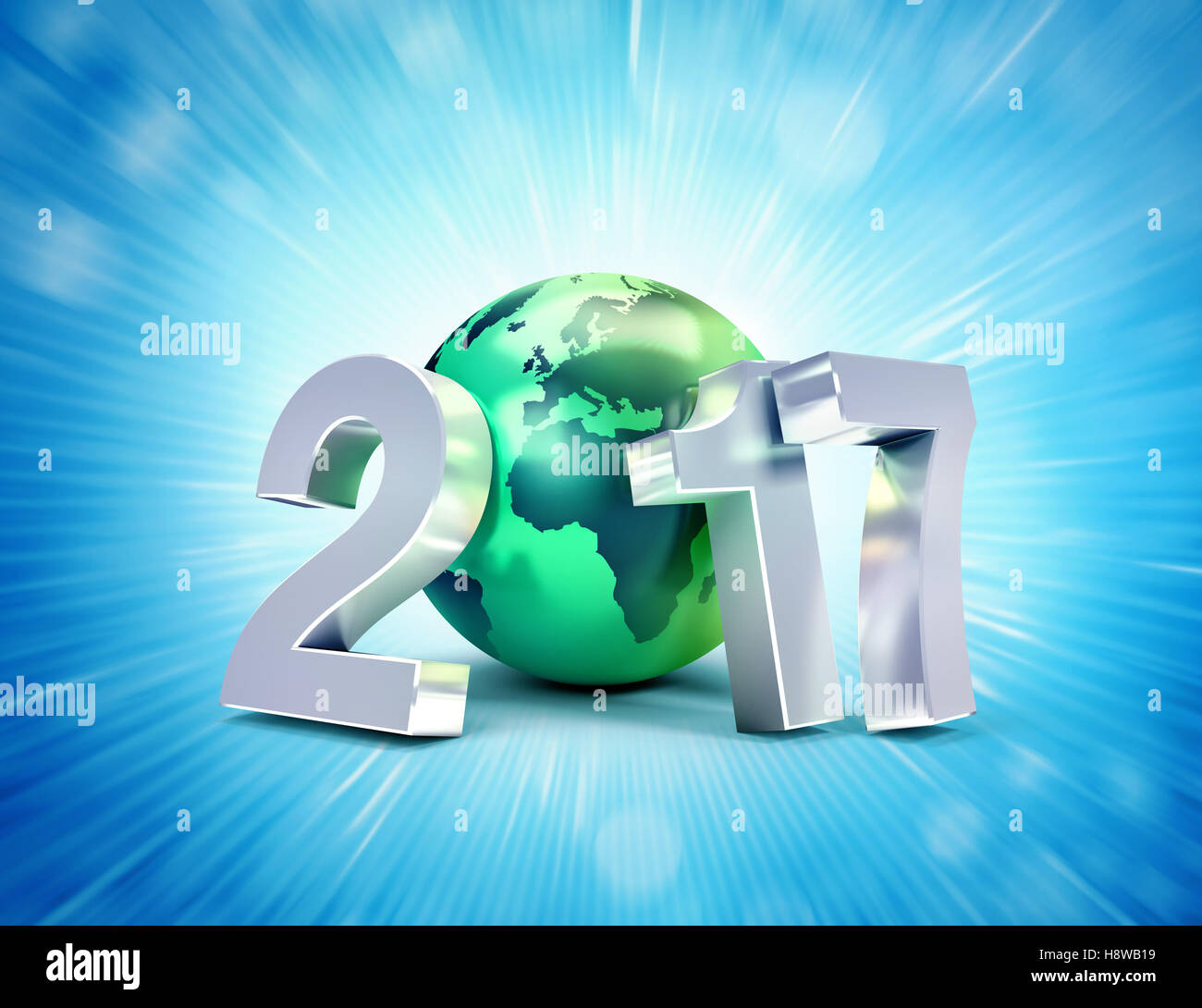 2017 Año Nuevo tipo compuesto con un planeta tierra verde, sobre un fondo azul brillante - Ilustración 3D Foto de stock