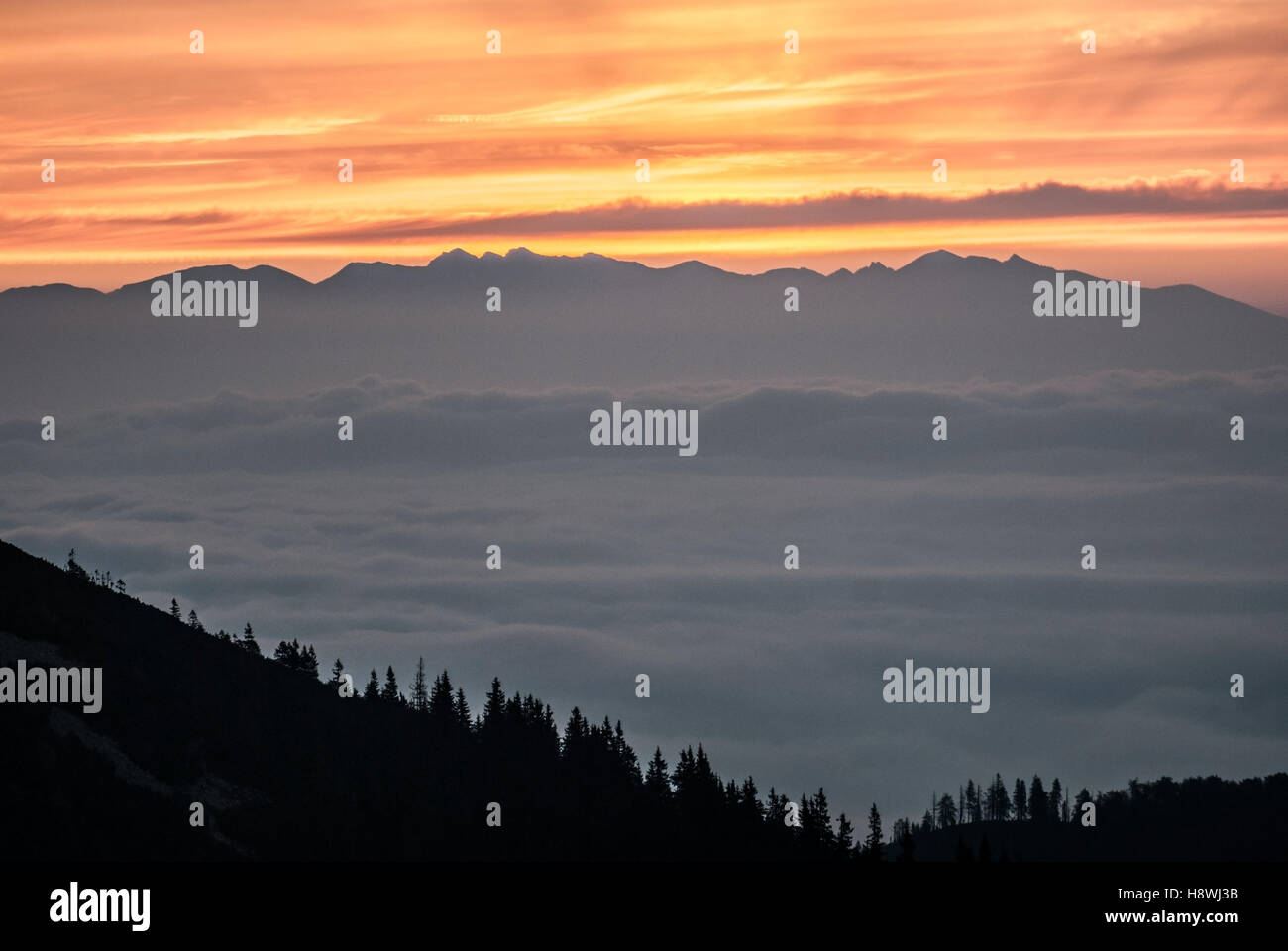 Luz de día (Amanecer) por encima de la cordillera Tatras desde chata pod chlebom en mala fatra montañas en Eslovaquia Foto de stock