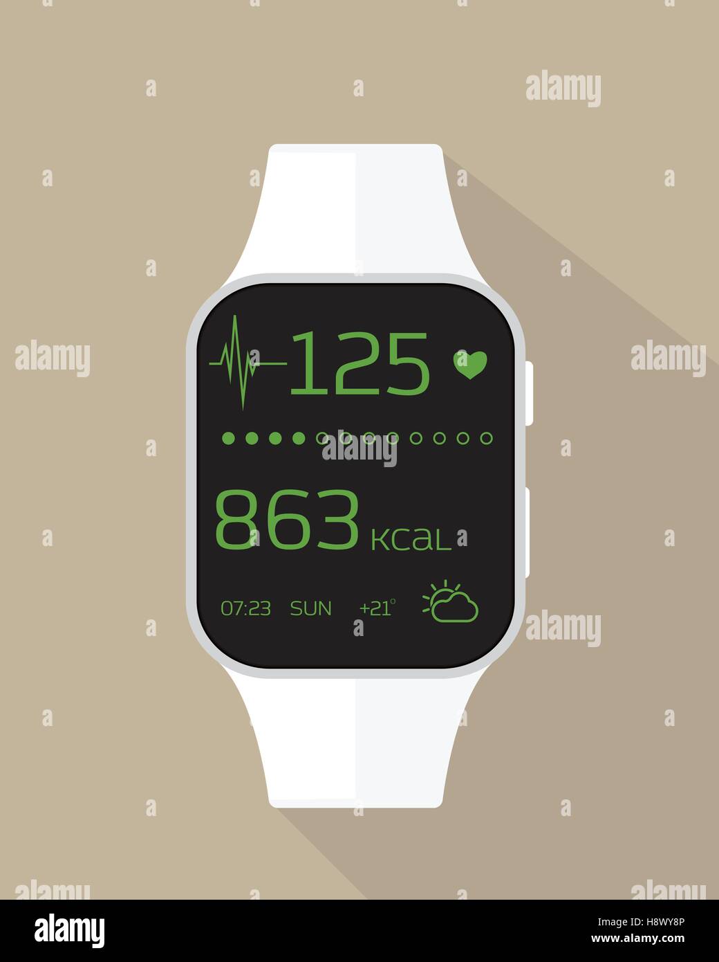Ilustración plana de reloj del deporte con la frecuencia cardíaca, las calorías  quemadas y el clima Imagen Vector de stock - Alamy