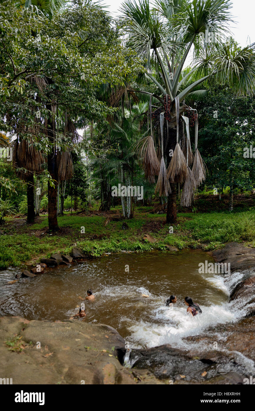 Niños bañándose en un río, batata, Distrito Trairão, Pará, Brasil Foto de stock