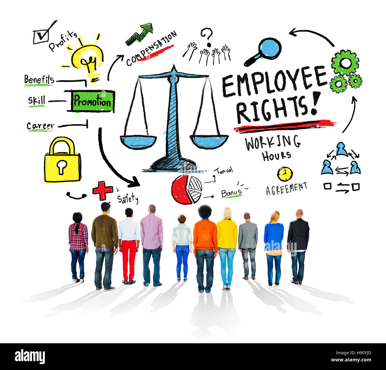 Los derechos de los empleados la igualdad en el empleo de personas Vista  Trasera Concepto Fotografía de stock - Alamy