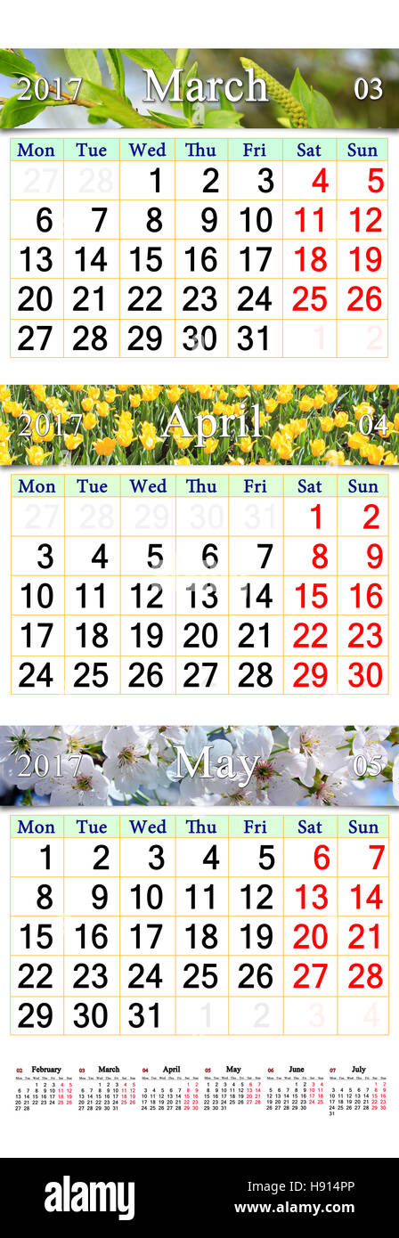 Calendario de pared durante tres meses de primavera de marzo de abril y mayo de 2017, con imágenes de la naturaleza Foto de stock