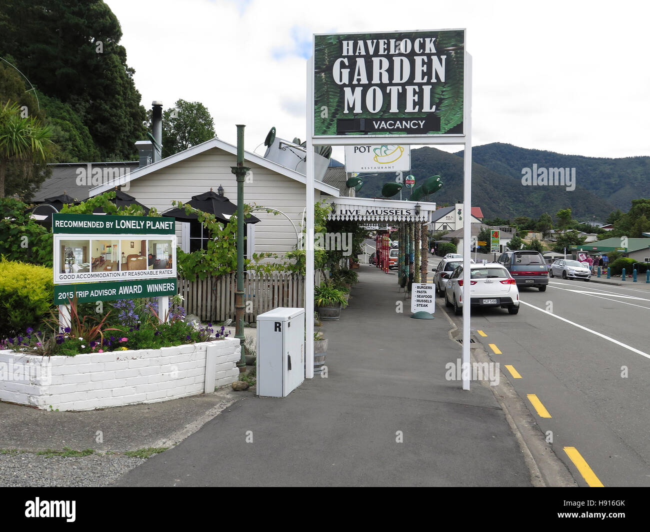 Tiendas de mejillón en Havelock, Isla del Sur, Nueva Zelanda Foto de stock