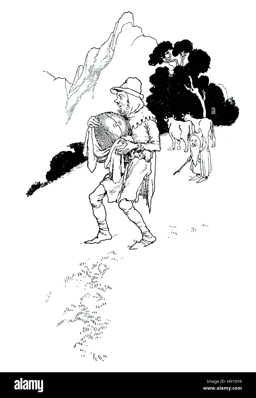 El Sexton se fué su camino. La ilustración de libros infantiles por William Heath Robinson, desde 1934 Libro de duendes, el pote mágico y Magic Ball Foto de stock