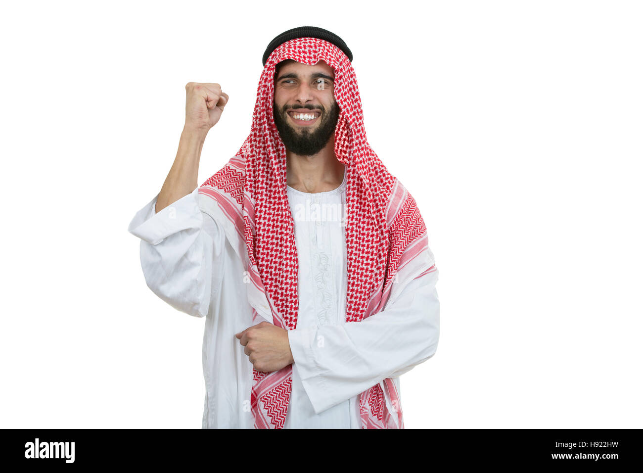 Una persona con un árabe Thumbs up aislados sobre fondo blanco