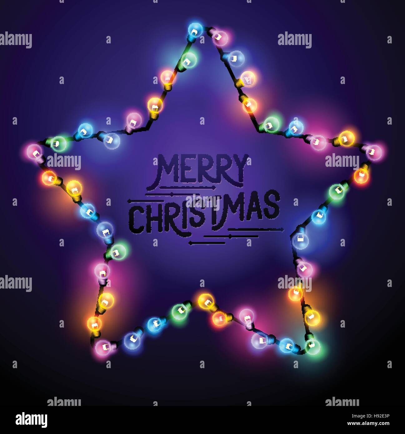 Estrella de Navidad - decoraciones de temporada con luces coloridas y Feliz Navidad texto. Ilustración vectorial. Ilustración del Vector