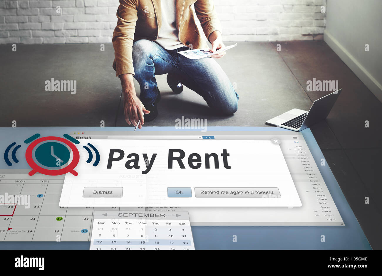 Pagar la renta pueden alquilar alquiler inmobiliario concepto disponible Foto de stock