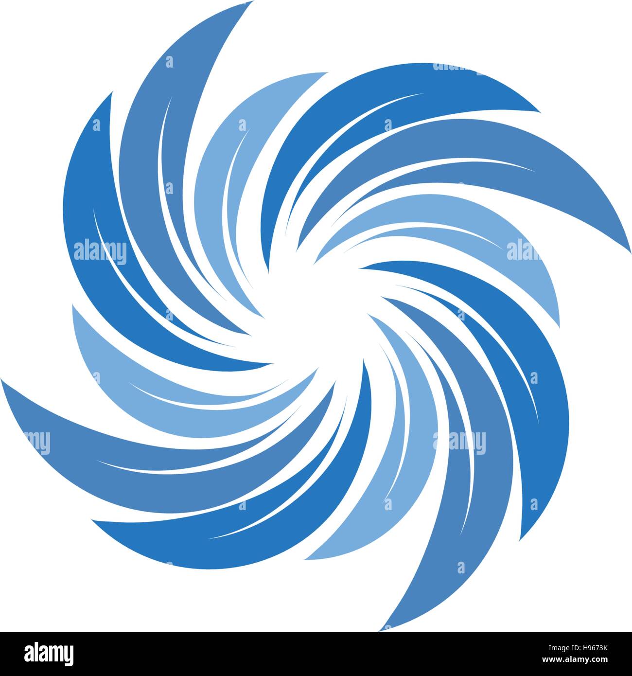 Color azul abstractos aislados espiral spining logo. Logotipo de turbulencias. Icono de agua. Signo de vórtice. Símbolo de líquido. Emblema del sistema de climatización. Aqua ilustración vectorial. Ilustración del Vector