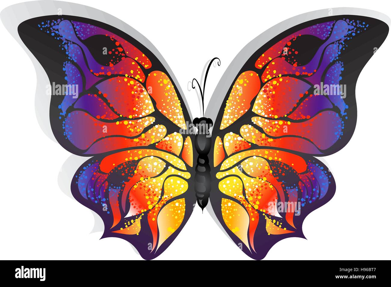 Mariposa con las alas de colores brillantes sobre un fondo blanco. Ilustración del Vector