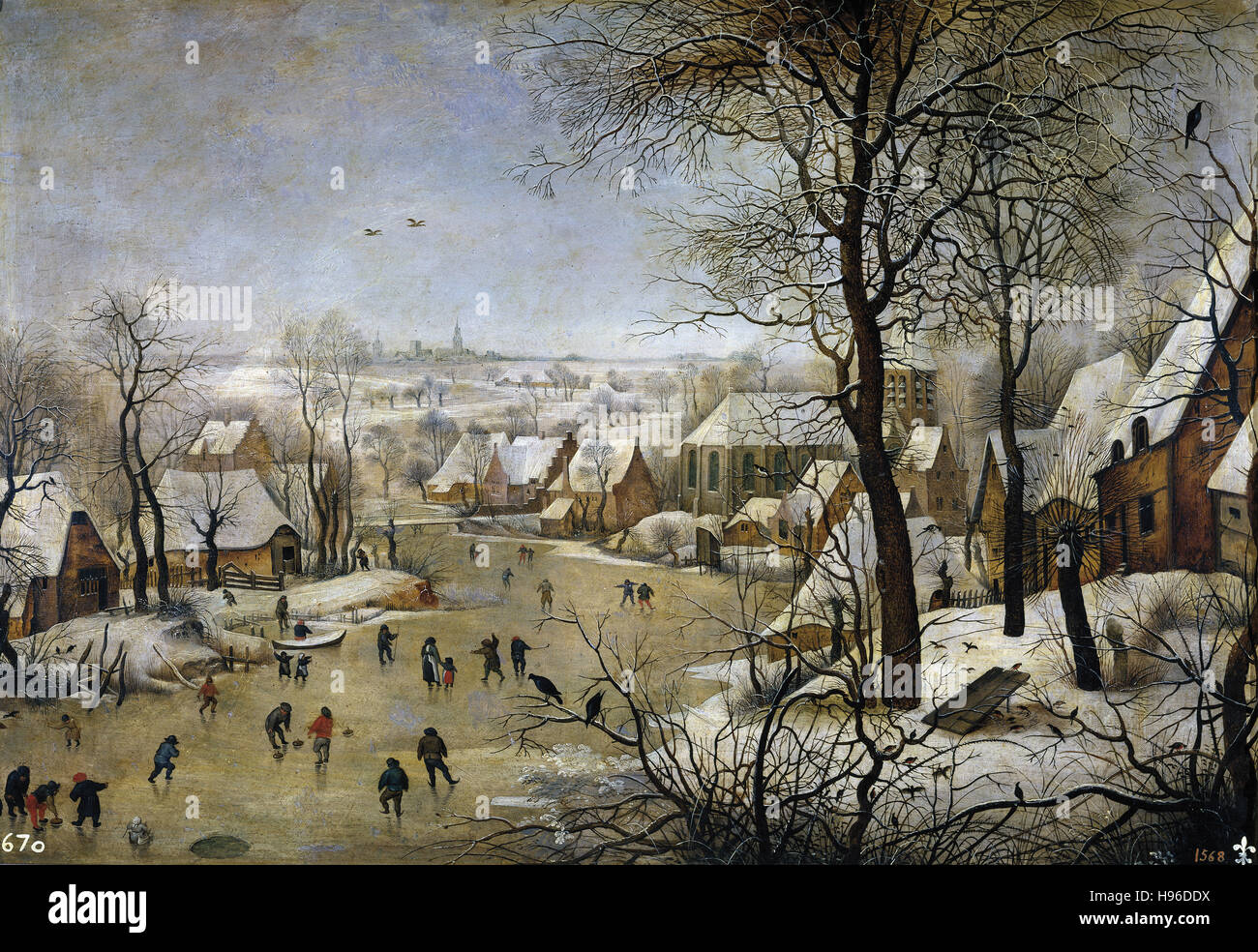 PIETER Brueghel el Joven - paisaje cubierto de nieve con patinadores y la trampa de pájaro Foto de stock