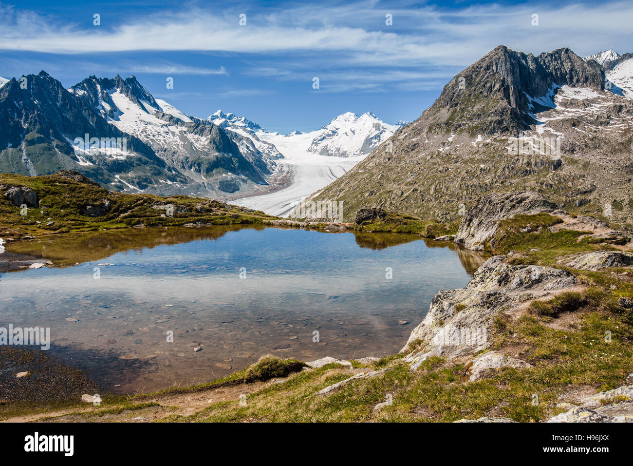 El glaciar Aletsch detrás de un pequeño lago cercano pico Eggishorn Foto de stock
