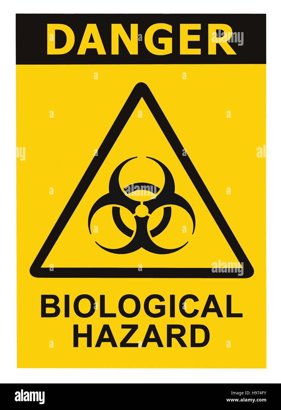 Biohazard símbolo de alerta de amenaza biológica, negro triángulo amarillo carteles aislados de texto Foto de stock