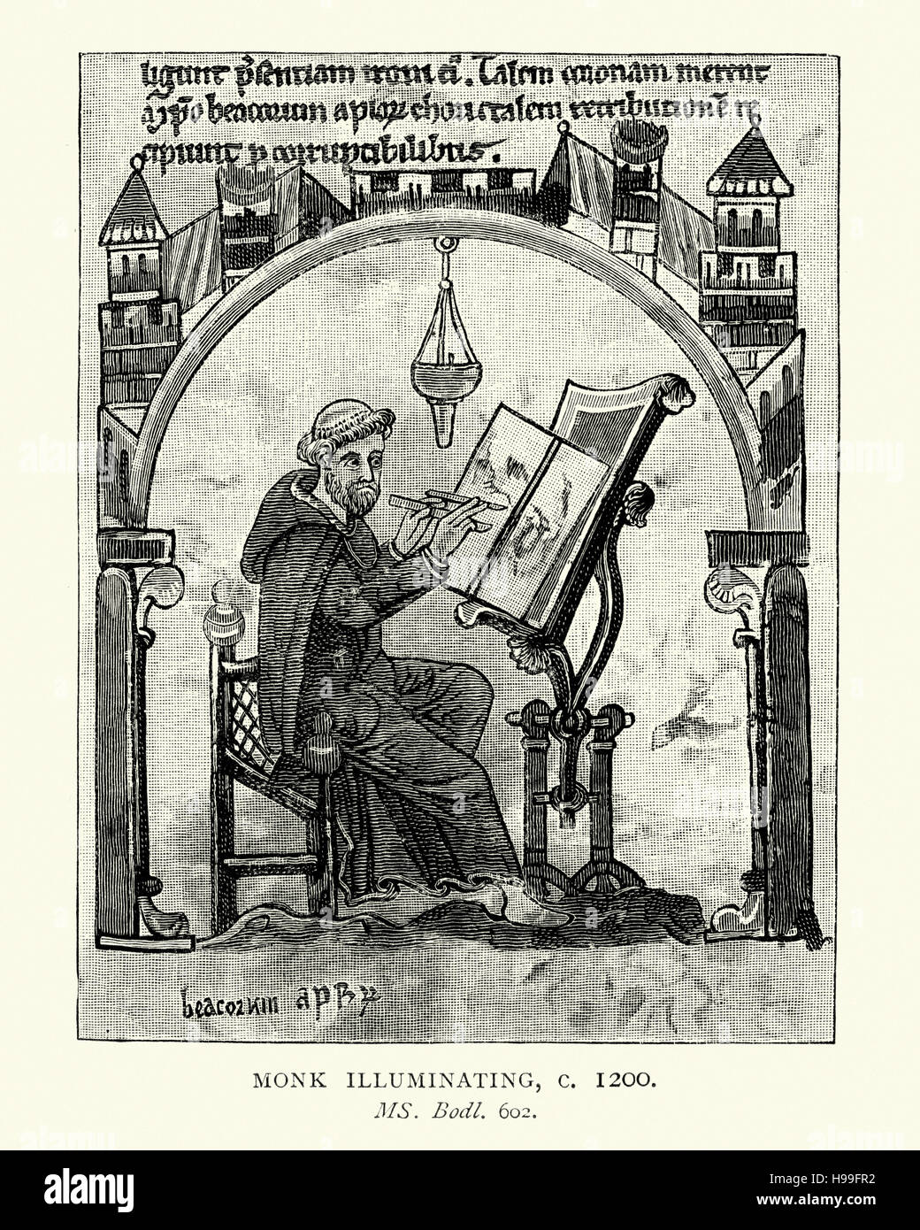 Monje medieval iluminando un libro, c. 1200 Foto de stock