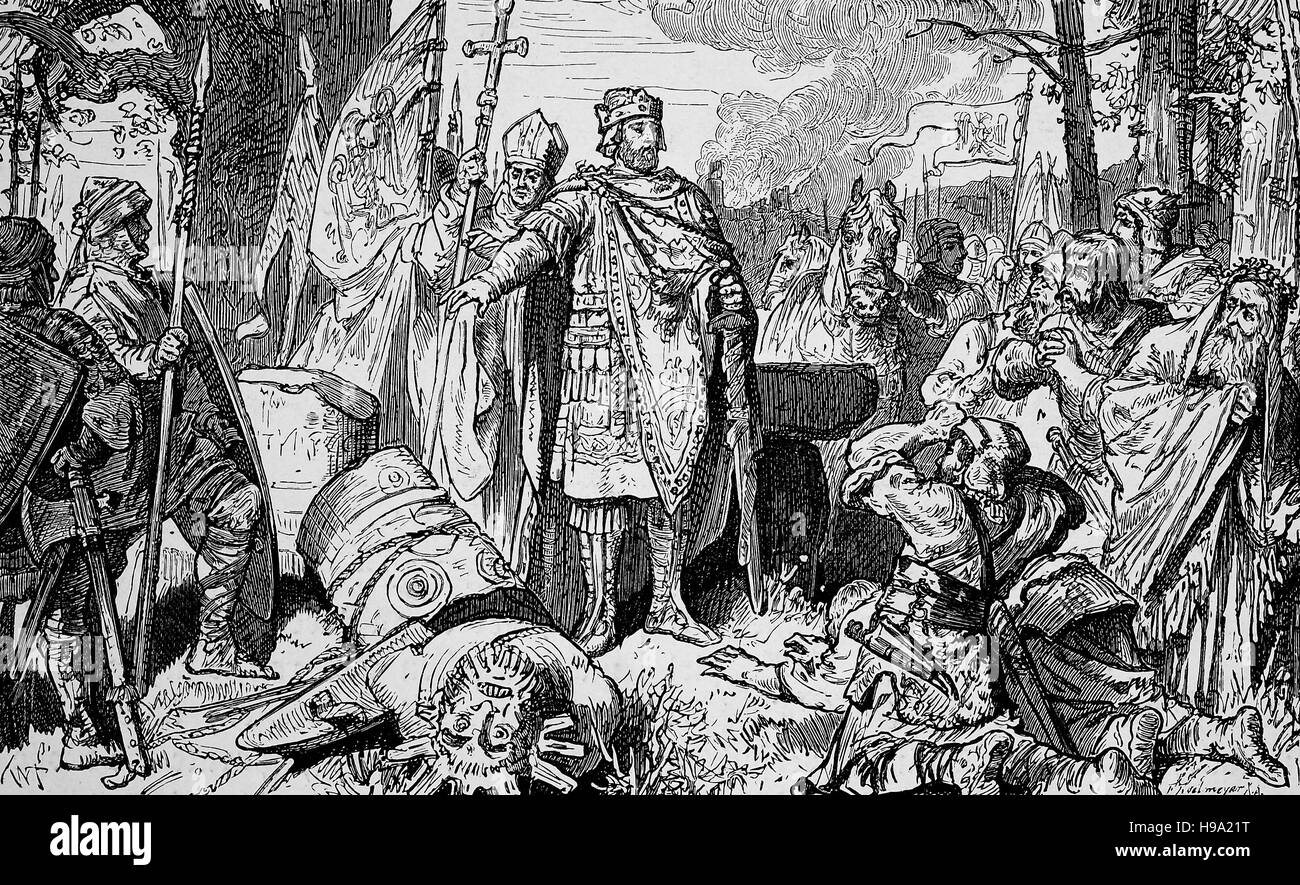 Carlomagno, el 2 de abril de 742/747/748 - 28 de enero de 814, también conocido como Charles el Grande. La destrucción del Irminsul, ilustración histórica Foto de stock