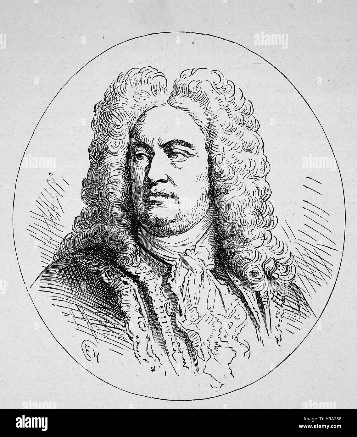 George Frideric o Frederick Handel, 23 de febrero de 1685 - 14 de abril de 1759 fue un alemán, luego británica compositor barroco, ilustración histórica Foto de stock