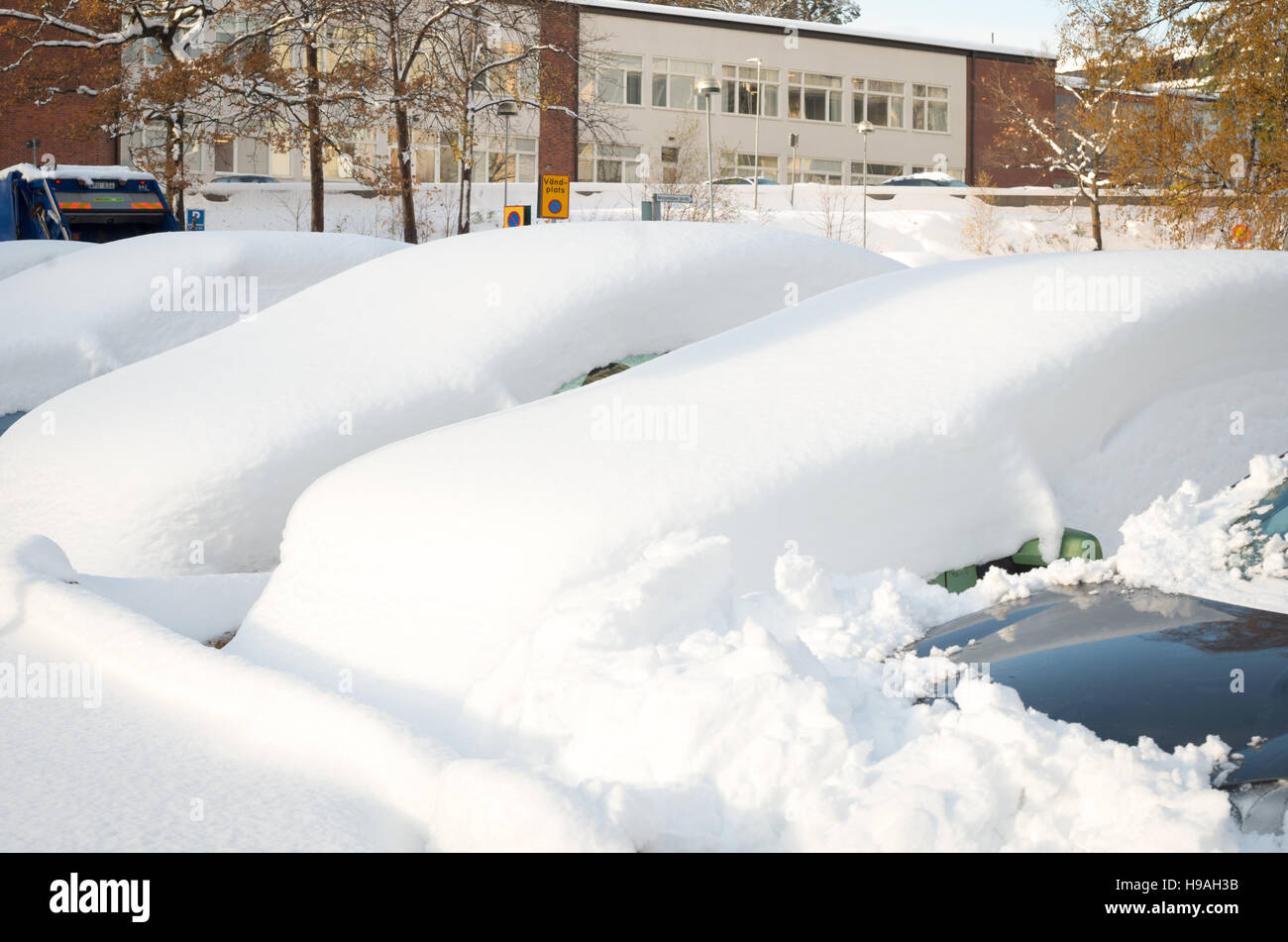 Los coches aparcados cubiertos de nieve después de una tormenta de nieve a principios de noviembre Foto de stock
