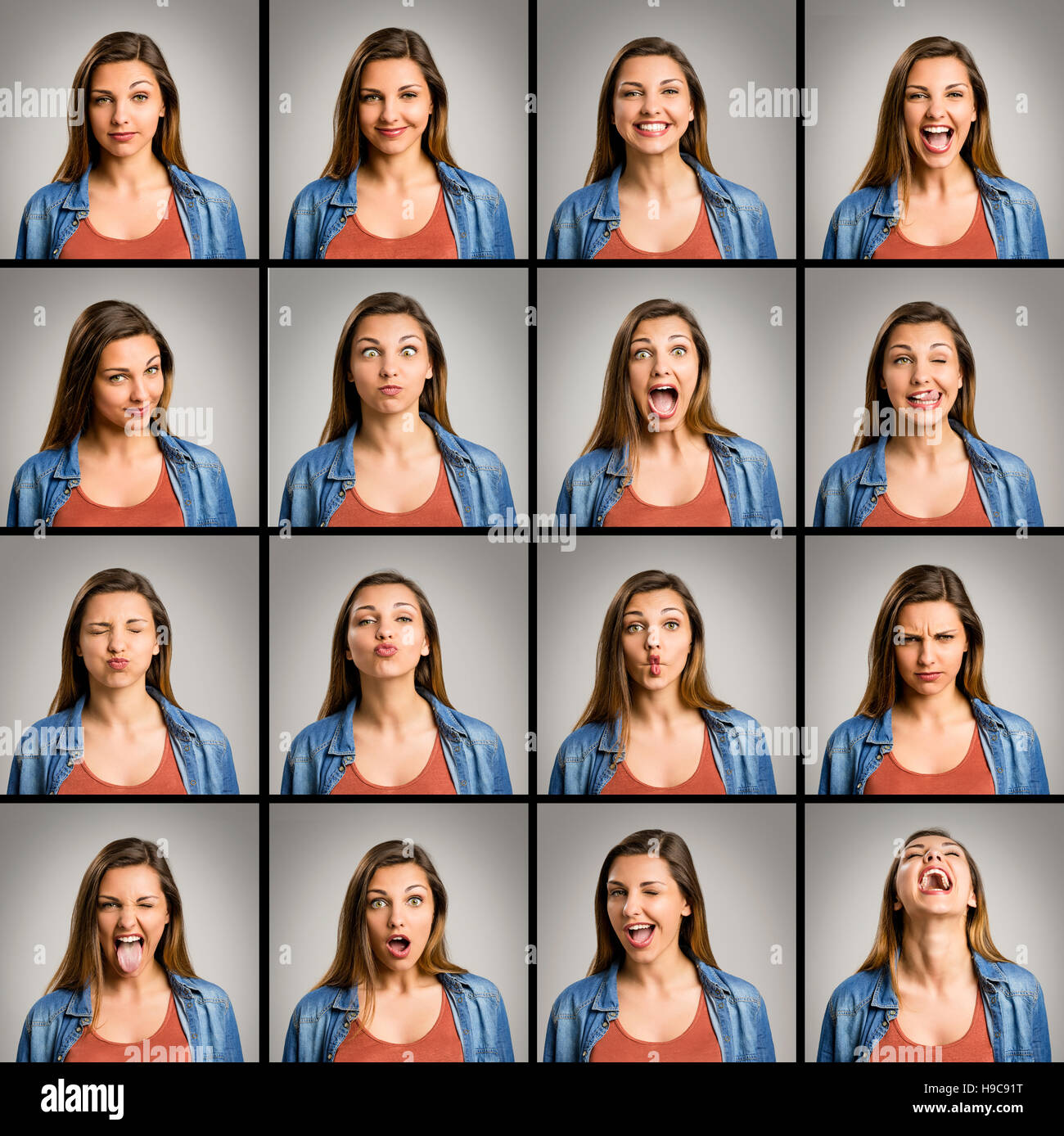 Varios retratos de la misma mujer realizando diferentes expresiones  Fotografía de stock - Alamy