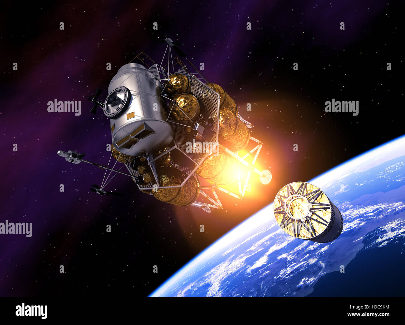 Estación espacial interplanetario de lanzamiento al espacio. Ilustración 3D. Foto de stock